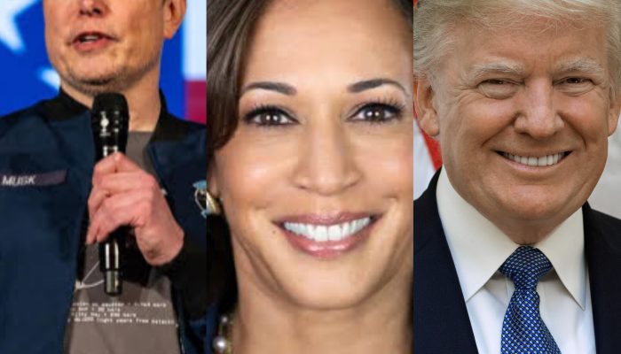 Elon Musk, Kamala Harris and Donald Trump