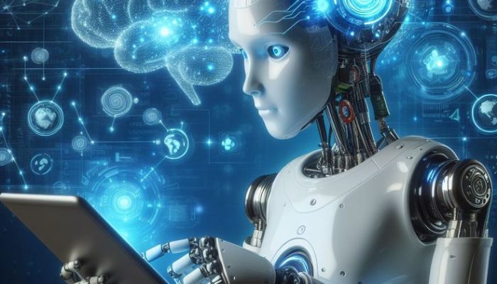 Robot hominoid using tablet computer in concept of AI thinking brain
